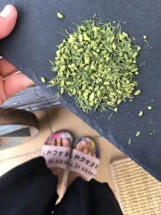 Matcha plus genmaicha - japonská specialitka - japonský zelený čaj Genmaicha obalený v práškovém čaji matcha - detail čajových lístků