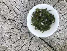 Gu Zhang Mao Jian - prémiový kvalitní sypaný činský zelený čaj z oblasti Hunan - detail mokrých čajových lístků